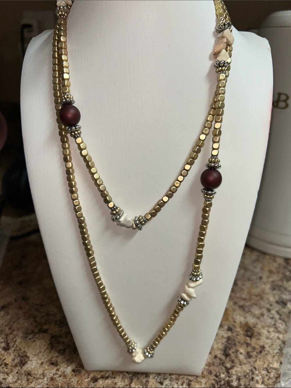 Gold-Tone, Golden Nugget-NWT Multi-Strand Necklace w/ Maroon Beads-lightweight